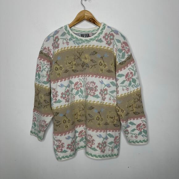 VINTAGE 90s Chunky Sweater Victorian floral Beige sparkly overesized thick Small - Picture 3 of 6
